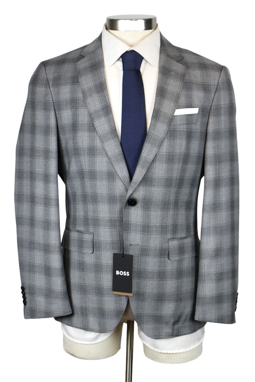 Hugo Boss Sport Coat 38 R Mens Light Grey Plaid Slim Fit Virgin Wool Hutson New
